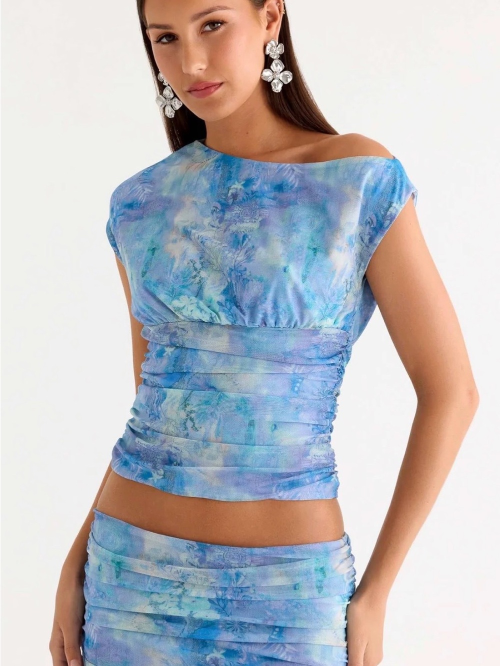 Peppermayo Blue Tie-Dye Ruched Off-Shoulder Top and matching skirt